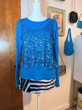 Y2K Justice Blue Sequin Layered Long Sleeve Top Girls Size 16 Adult XS S